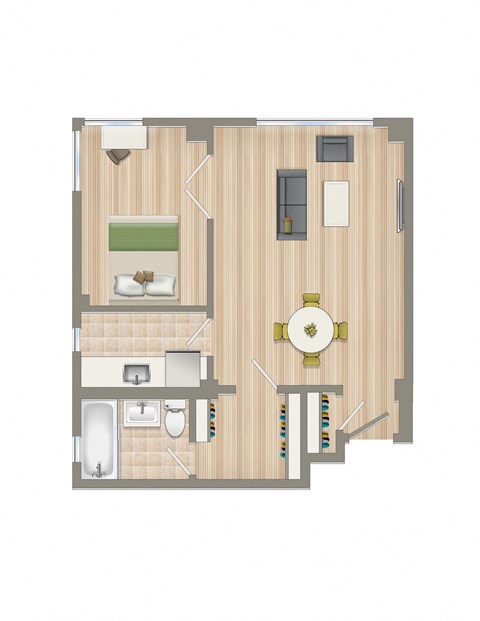 studio apartment floor plan rendering at baystate apartments in washington dc